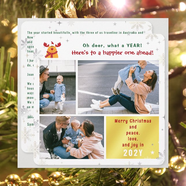 Cartão De Festividades Engraçado Rudolph Oh Deer Peace Love Joy Bonito 3  (Funny Cute Rudolph Oh Deer What a Year Merry Christmas Happy New Year 3 Photos Letter Elegant Modern)