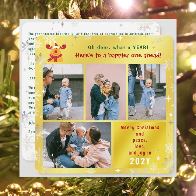 Cartão De Festividades Engraçado Rudolph Oh Deer Peace Love Ouro (Funny Cute Rudolph Oh Deer What a Year Merry Christmas Happy New Year 4 Photos Letter Elegant Golden)