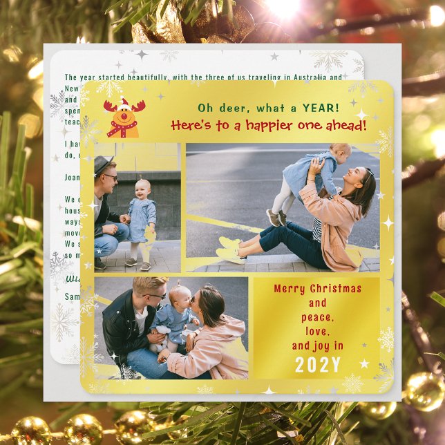 Cartão De Festividades Engraçado Rudolph Oh Deer Peace Love Ouro (Funny Cute Rudolph Oh Deer What a Year Merry Christmas Happy New Year 3 Photos Letter Elegant Golden)