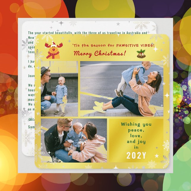 Cartão De Festividades Engraçado Rudolph Peace Love Joy Elegant Foto do O (Elegant Golden Funny Pawsitive Vibes Rudolph Christmas Card 3 Photos Peace Love Joy Snowflakes Stars)