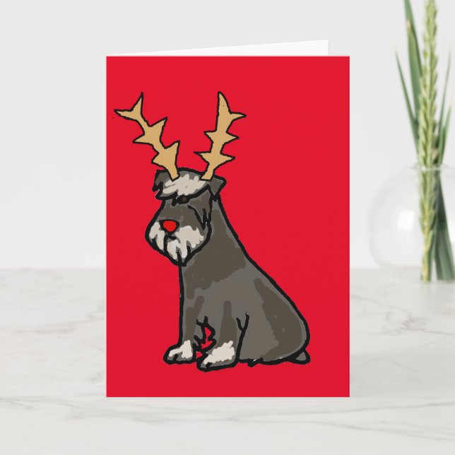 Cartão De Festividades Engraçado Schnauzer com Reindeer Antlers no Natal (Frente)