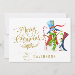 Cartão De Festividades Engraçado Snowman Penguin Dourado Glitter Feliz Na