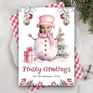Cartão De Festividades Engraçado Snowman Rosa Foto Enfrentada Diversão de