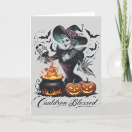 Cartão De Festividades Engraçado Vintage Cauldron abençoado Bruxo Hallowe