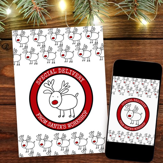 Cartão De Festividades Entrega Especial do Workshop Santas Personalizado (Christmas Card from Santa. Buy professionally printed or as a printable digital download.)