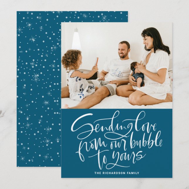 Cartão De Festividades Enviando amor de nossa bolha para sua foto azul (Frente/Verso)