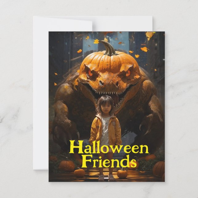 Cartão De Festividades Escola e Pumpkin Dinogoblin Halloween (Frente)
