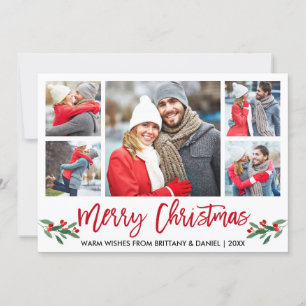 Cartão De Festividades Escovo Moderno Vermelho 5 Foto Feliz Natal