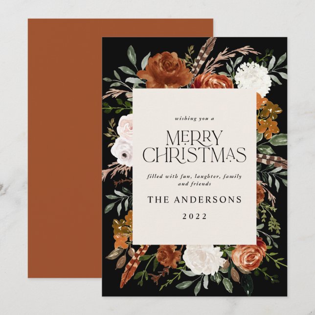 Cartão De Festividades Escrita botânica e elegante, de cor negra, terraco (Frente/Verso)