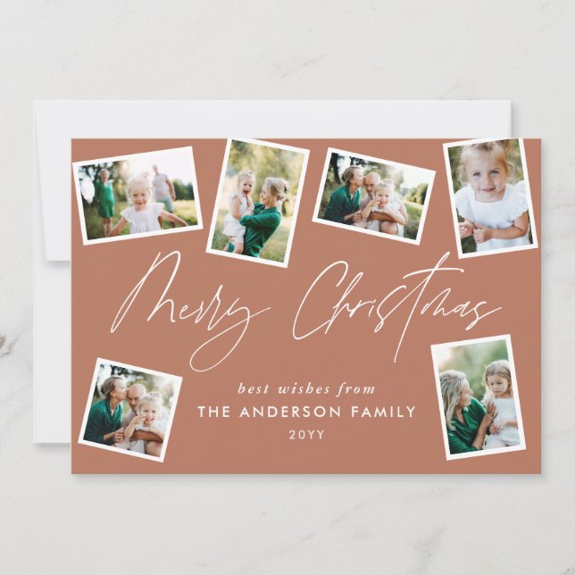 Cartão De Festividades Escrita elegante multifoto do partido terracotta (Frente)