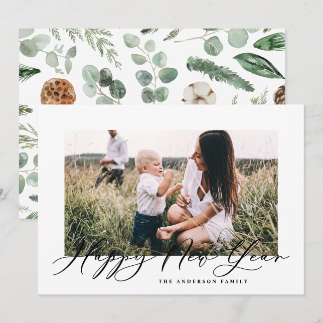 Cartão De Festividades Escrita fotoelegante mínima moderna no ano novo (Frente/Verso)