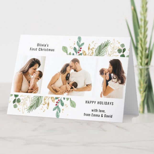 Cartão De Festividades Escrita Moderna Dourada Greenery Bebê Primeiro Nat (Criador carregado)