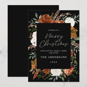 Cartão De Festividades Escrito botânico e elegante preto terracotta flora