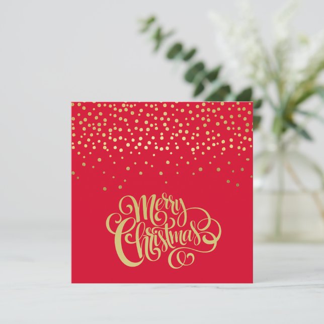 Cartão De Festividades Escrito Dourado Elegante e Natal Vermelho Confetti (Em pé/Frente)