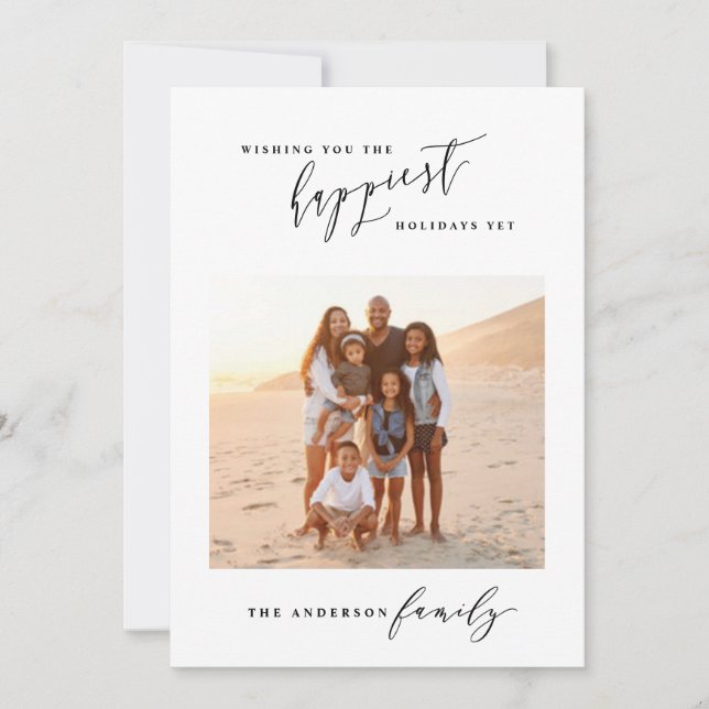 Cartão De Festividades Escrito preto e branco moderno 1 foto Natal (Frente)