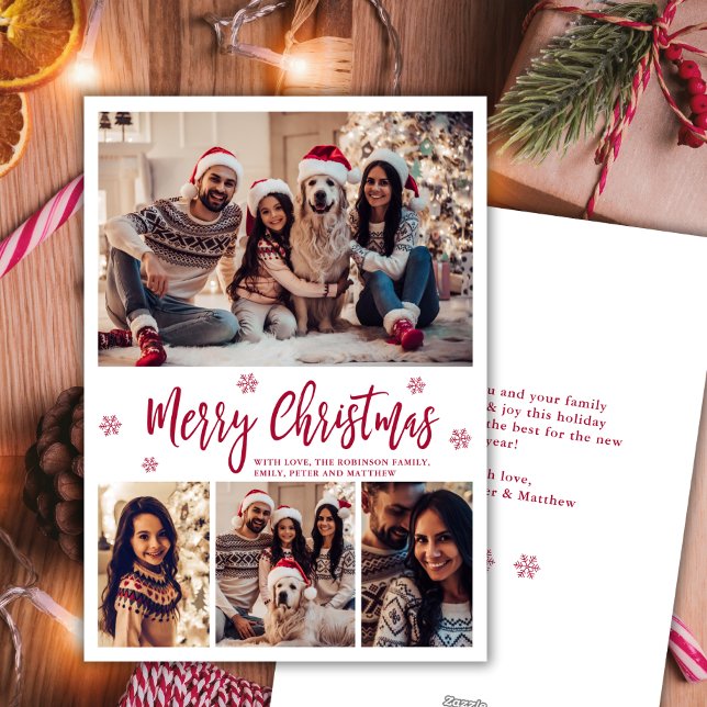 Cartão De Festividades Escuro Vermelho Elegante Floco de Neve 4 Foto Nata (Criador carregado)