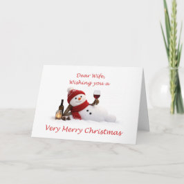 Cartão De Festividades Esposa Relaxando com Homem de Neve e Vinho Natal