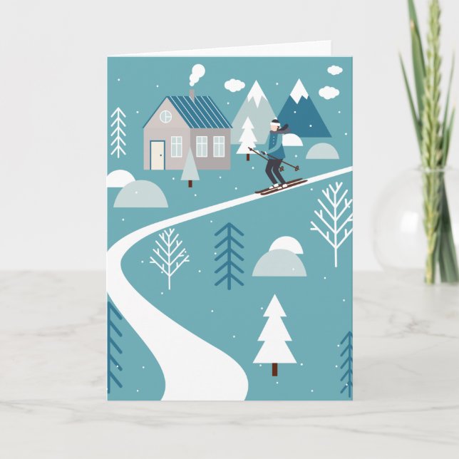 Cartão De Festividades Esqui de inverno Whimsical em Azul Teal (Frente)