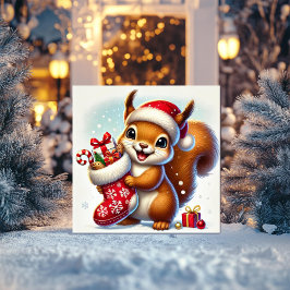 Cartão De Festividades Esquilo Animado com Meia de Natal