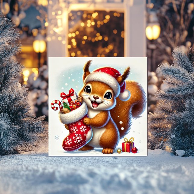 Cartão De Festividades Esquilo Animado com Meia de Natal (Criador carregado)