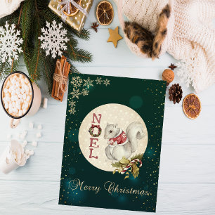 Cartão De Festividades Esquilo de natais vintages, Flocos de neve