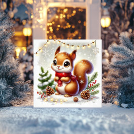 Cartão De Festividades Esquilo doce com Pinecones e Luzes de Fada