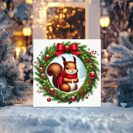 Cartão De Festividades Esquilo Encantador em Grinalda de Natal