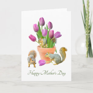 Cartão De Festividades Esquilos com placa de Dia de as mães Tulips