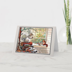 Cartão De Festividades Esquilos Vintage e Placa de Natal Chipmunk