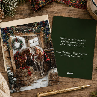 Cartão De Festividades Estábulo de Cavalos Country Inverno Xadrez Natal