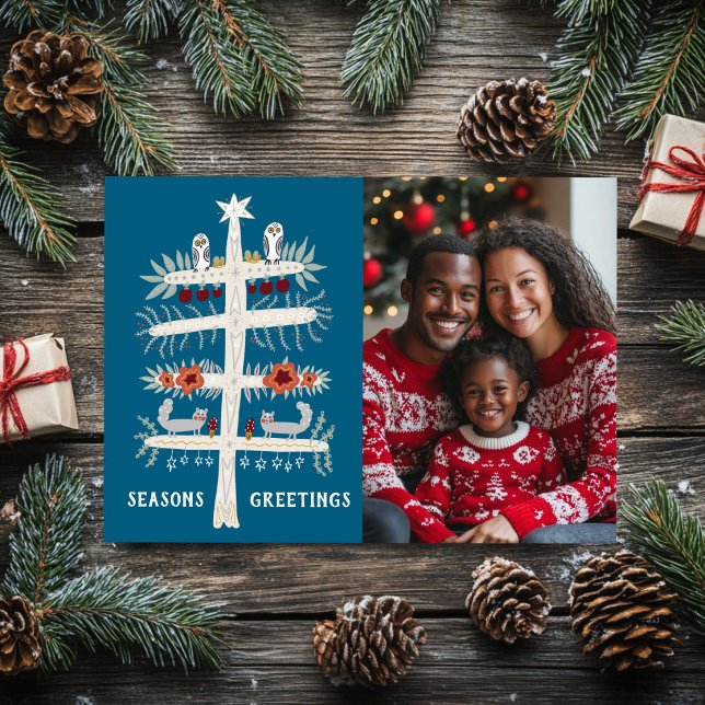 CARTÃO DE FESTIVIDADES ESTAÇÕES SENDO ALARGADAS FÓSFOTO PERSONALIZADA DA  (SEASONS GREETINGS Hand Drawn Tree CUSTOM PHOTO Holiday Card
)