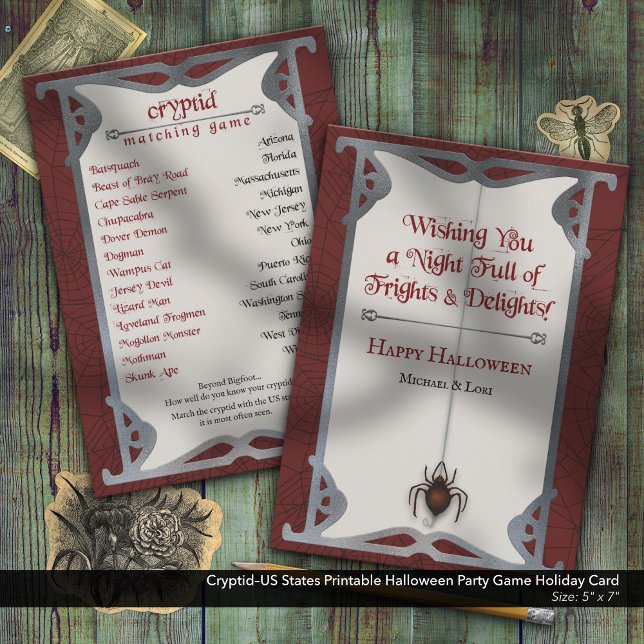 Cartão De Festividades Estados Cryptid-EUA - Jogo do Festa de Halloween I (Cryptids of the US Matching Challenge–Printable Halloween Party Activity)