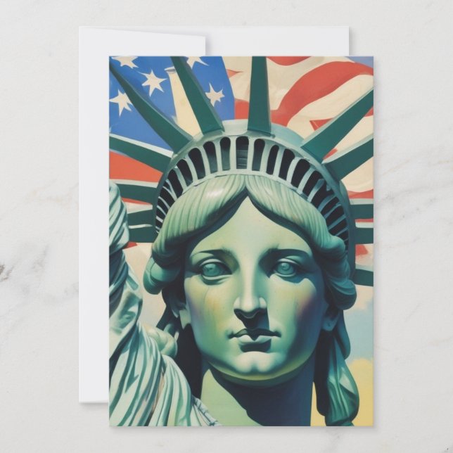 Cartão De Festividades Estátua da Liberdade e Bandeira Americana Art Nova (Frente)