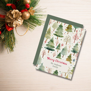 Cartão De Festividades Estética Natal Árvores de Floresta Aquarela Neve