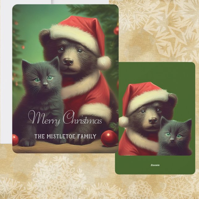 Cartão De Festividades Estilo de Vintage no Meio-Inverno Urso e Natal (A vintage style Christmas Santa hat Father Christmas bear with Black Cat. Cute kitten holiday card)