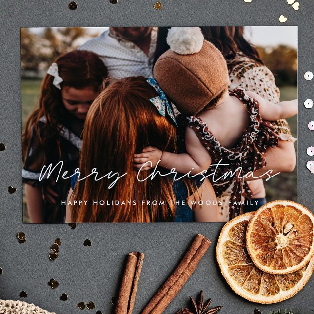 Cartão De Festividades Estilo Moderno Feliz Foto da Família de Natal (Modern Style Merry Christmas family photo Holiday Card)