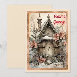 Cartão De Festividades Estilo Vitoriano Casa Neve Natal Floral