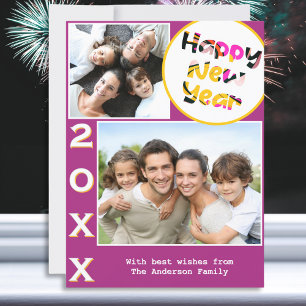 Cartão De Festividades Estiloso 2 Fotos Rosa Feliz Ano Novo