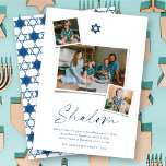 Cartão De Festividades Estrela Azul De David 3 Foto Simples Hanukkah<br><div class="desc">Este moderno cartão minimalista Hanukkah apresenta a saudação de 'Shalom' em um roteiro de moda. Um símbolo azul escuro de estrela de David fica no topo central com 3 layout de colagem de fotos instantâneas. Um pequeno desejo de feriado e o nome da família são colocados na parte inferior do...</div>