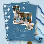 Cartão De Festividades Estrela Branca De David 3 Foto Simples Hanukkah<br><div class="desc">Este moderno cartão minimalista Hanukkah apresenta a saudação de 'Shalom' em um roteiro de moda. Um símbolo branco Star Of David fica no topo central com 3 layout de colagem instantânea de fotos. Um pequeno desejo de feriado e o nome da família são colocados na parte inferior do cartão. Estrela...</div>