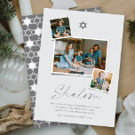 Cartão De Festividades Estrela De Cinza De David 3 Foto Simples Hanukkah<br><div class="desc">Este moderno cartão minimalista Hanukkah apresenta a saudação de 'Shalom' em um roteiro de moda. Uma estrela de cinza prateada do símbolo David fica no topo central com 3 layout de colagem de fotos instantâneas. Um pequeno desejo de feriado e o nome da família são colocados na parte inferior do...</div>