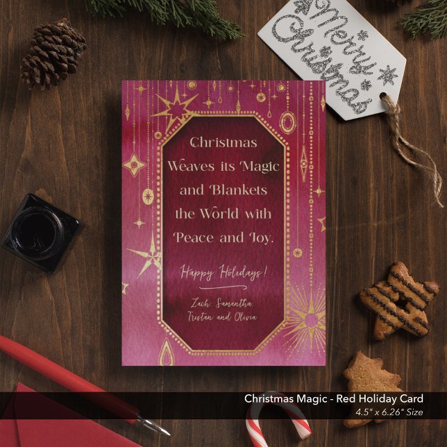 Cartão De Festividades Estrela de Natal Festiva: Foto Vermelha e Dourada (Christmas Magic Red Gold Stars Holiday Card)