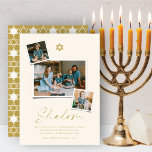 Cartão De Festividades Estrela Dourada De David 3 Foto Simples Hanukkah<br><div class="desc">Este moderno cartão minimalista Hanukkah apresenta a saudação de 'Shalom' em um roteiro de moda. Um símbolo de estrela dourada de David fica no topo central com 3 layout de colagem de fotos instantâneas. Um pequeno desejo de feriado e o nome da família são colocados na parte inferior do cartão....</div>