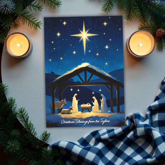 Cartão De Festividades Estrela Natal Natividade da Bíblia de Belém Verse (Personalized Nativity Christmas Card with Star of Bethlehem | Luke 2:13-14 Bible Verse)