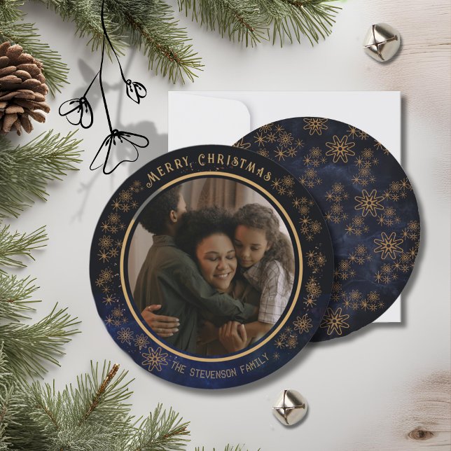 Cartão De Festividades Estrelas Azuis do Marinho de Foto de Natal Elegant (Elegant Christmas Photo Navy Blue Stars Holiday Card)