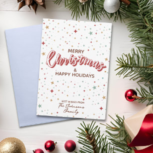 Cartão De Festividades Estrelas Coloridas Vermelho e Branco Simples Natal