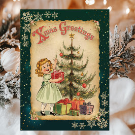 Cartão De Festividades Estrelas de Neve de Árvore Vintage Tree Little Gir