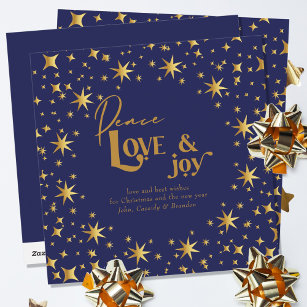 Cartão De Festividades Estrelas Douradas Paz Amor e Alegria Simples Azul 