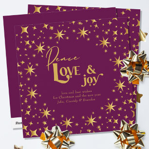Cartão De Festividades Estrelas Douradas Paz Amor e Joy Simples Ameaça E