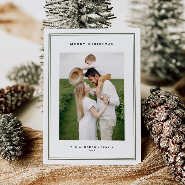 Cartão De Festividades Eterno Taupe Green Double Border Photo Christmas (This timeless holiday photo card features a refined double-line frame and classic serif typography.)